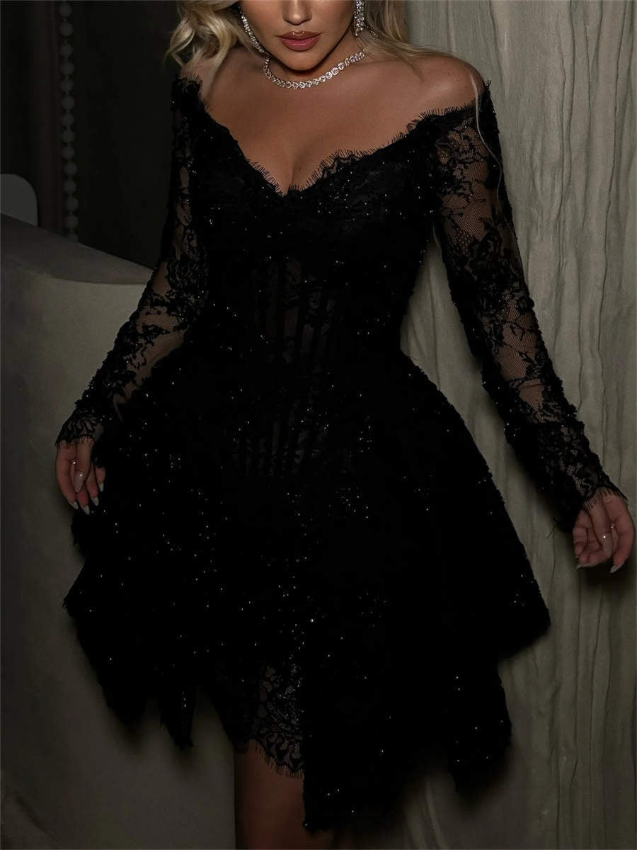 A-line/Princess V-neck Long Sleeves Short/Mini Lace Corset Homecoming Dress