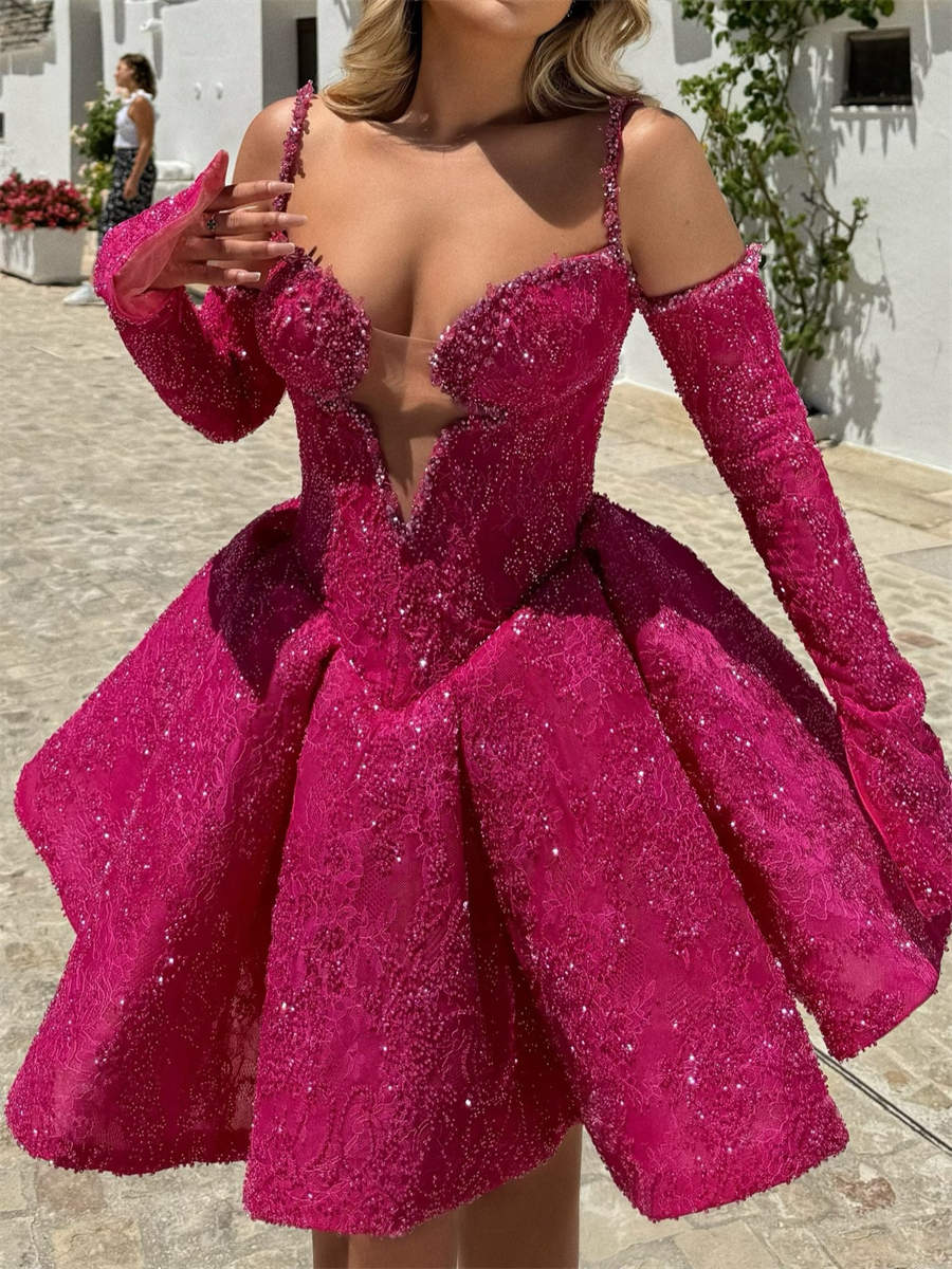 A-line/Princess Straps Long Sleeves Short/Mini Lace Corset Homecoming Dress