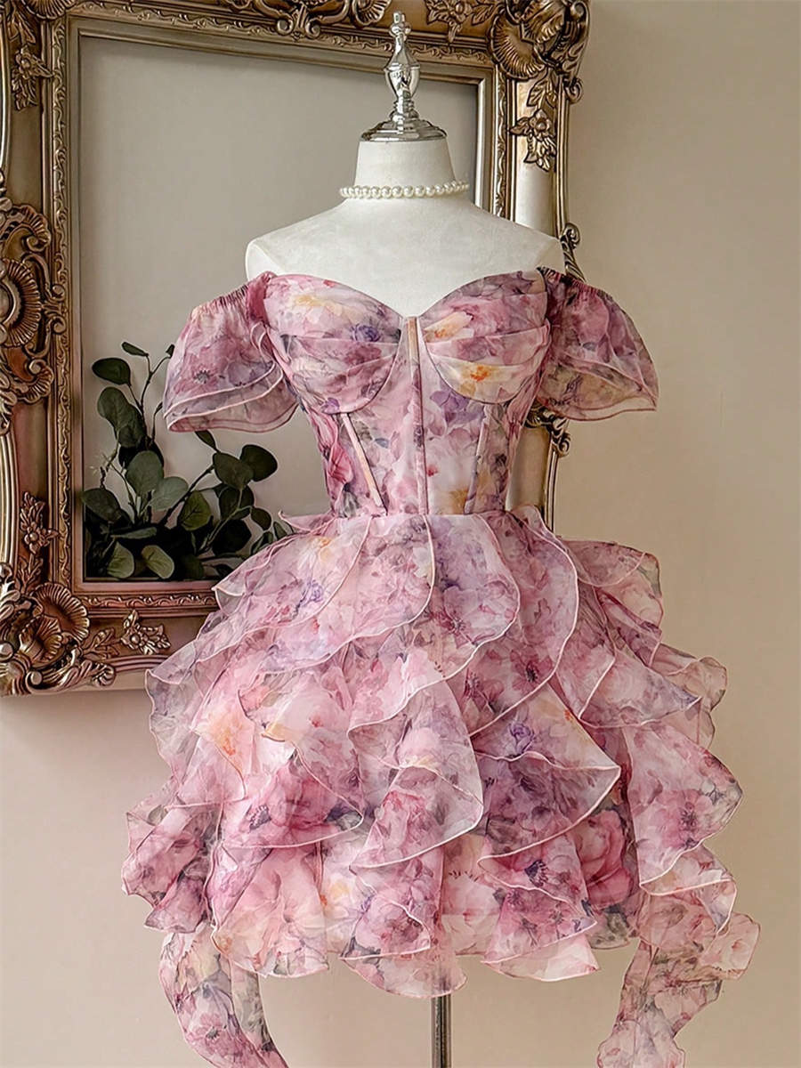 A-line/Princess Off-the-Shoulder Ruffles Short/Mini Corset Homecoming Dress