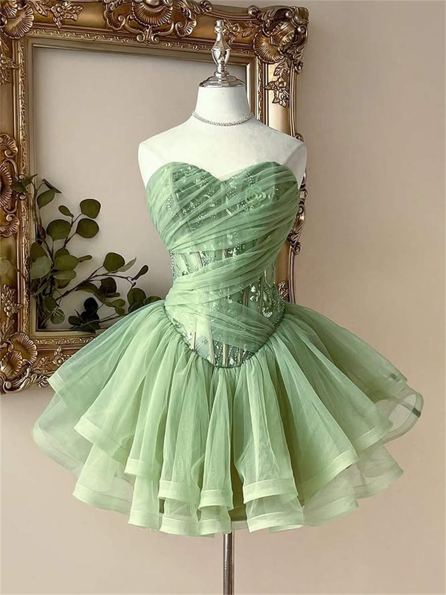 A-line/Princess Sweetheart Pleated Short/Mini Tulle Corset Homecoming Dress