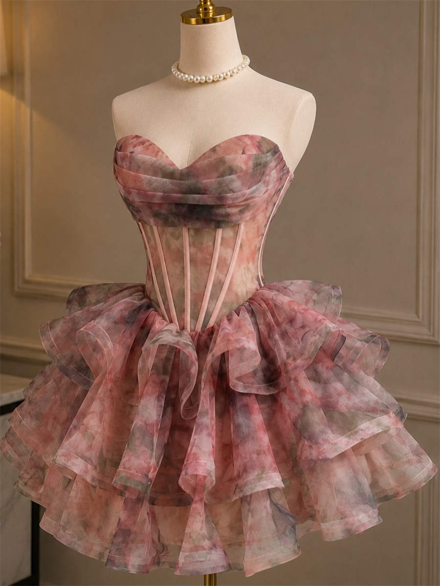 A-line/Princess Sweetheart Cascading Ruffles Short/Mini Corset Homecoming Dress