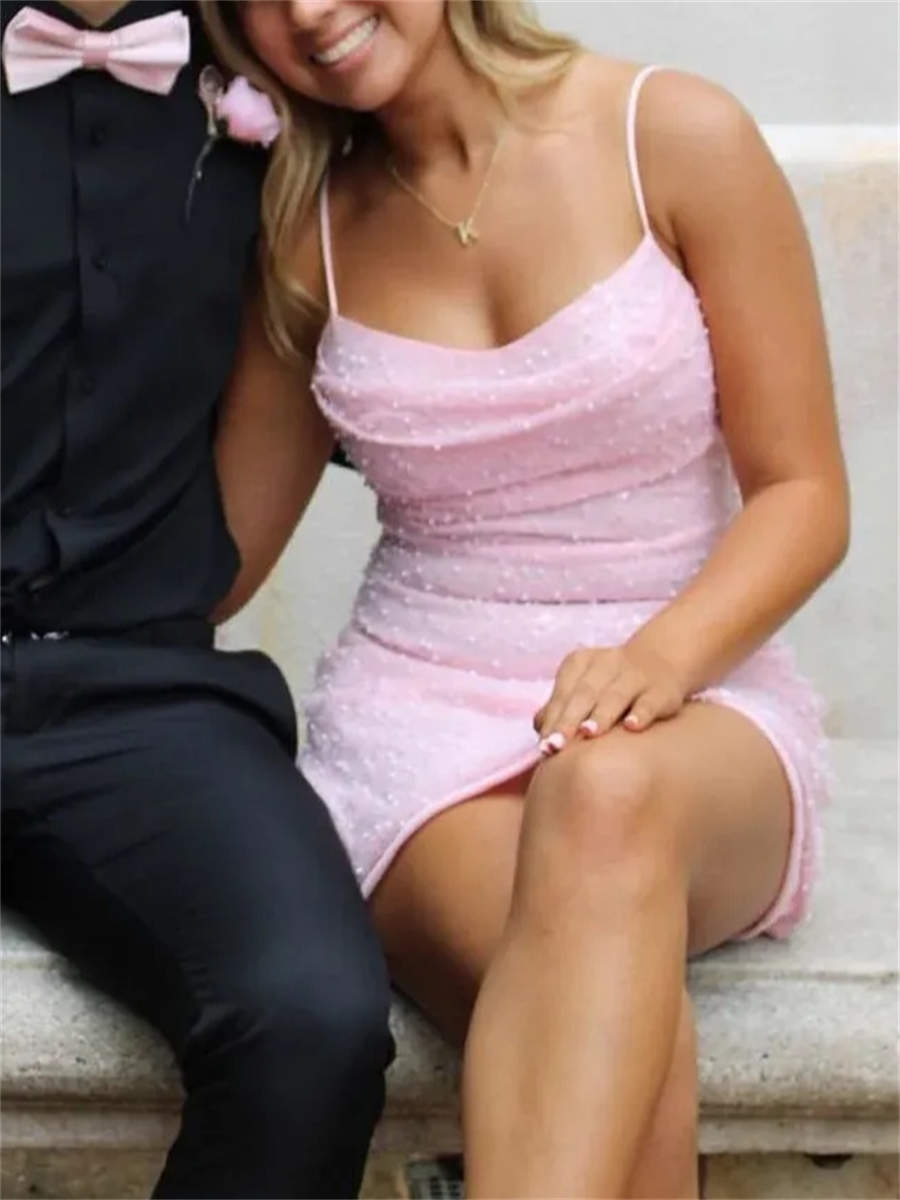 Sheath/Column Spaghetti Straps Pleated Short/Mini Homecoming Dress
