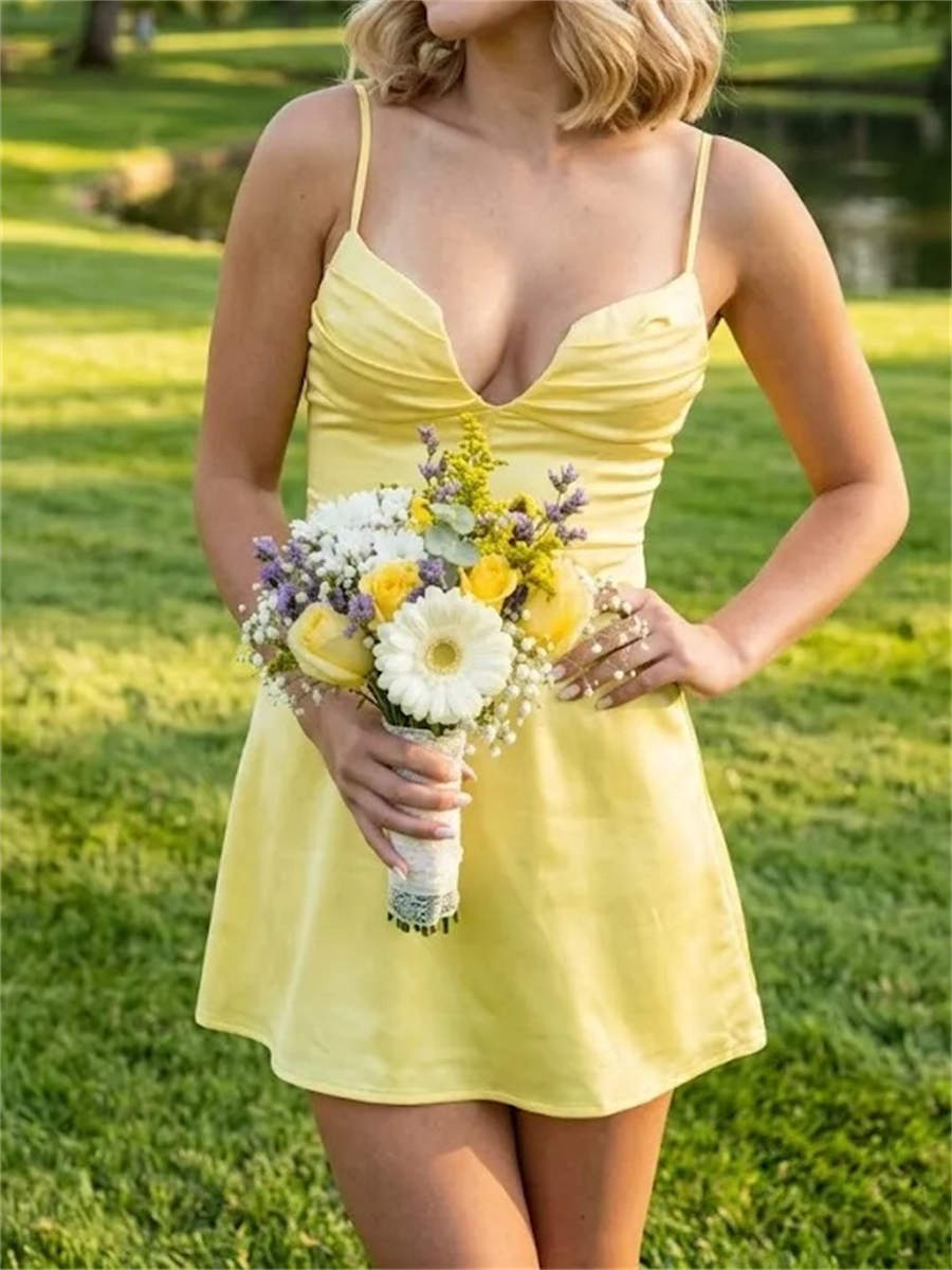 A-line/Princess Spaghetti Straps Pleated Short/Mini Silk Like Satin Corset Homecoming Dress
