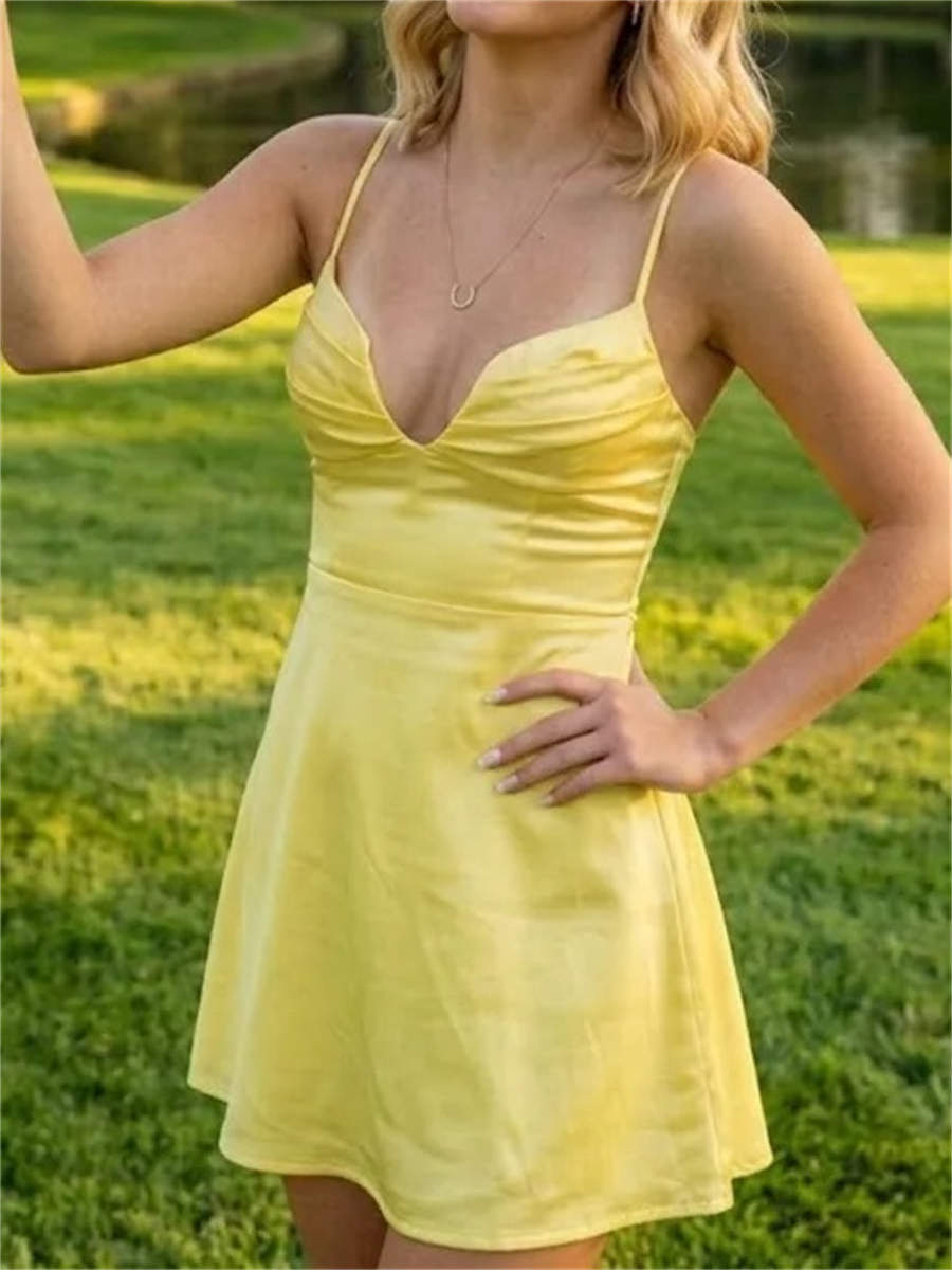 A-line/Princess Spaghetti Straps Pleated Short/Mini Silk Like Satin Corset Homecoming Dress