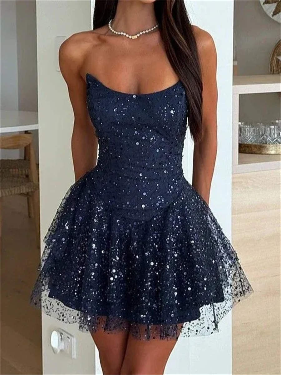 A-line/Princess Straight Sequin Short/Mini Lace Corset Homecoming Dress