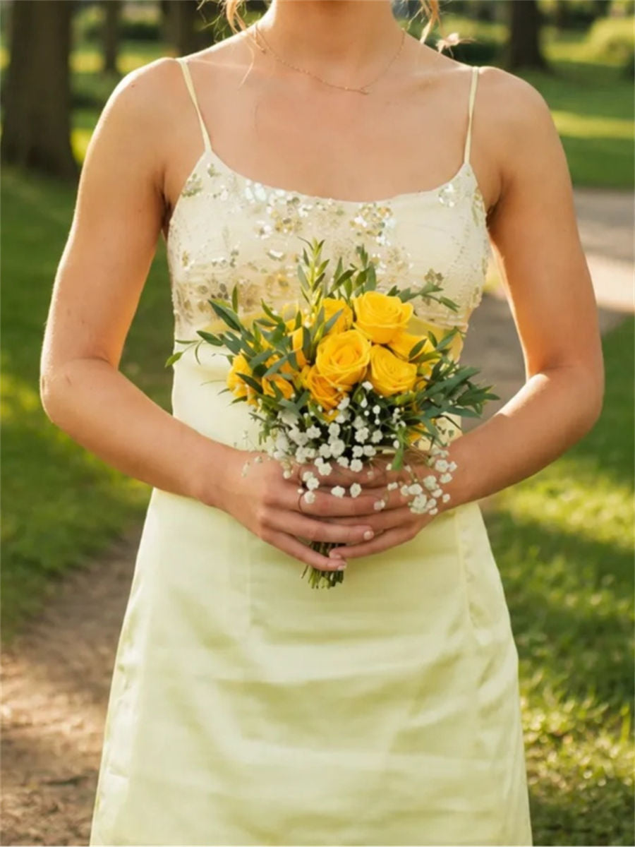 Sheath/Column Spaghetti Straps Sequin Short/Mini Silk Like Satin Homecoming Dress