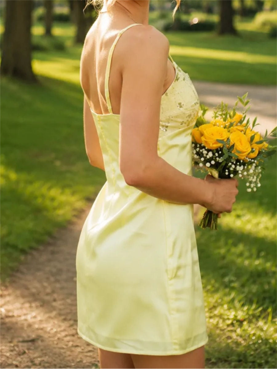Sheath/Column Spaghetti Straps Sequin Short/Mini Silk Like Satin Homecoming Dress