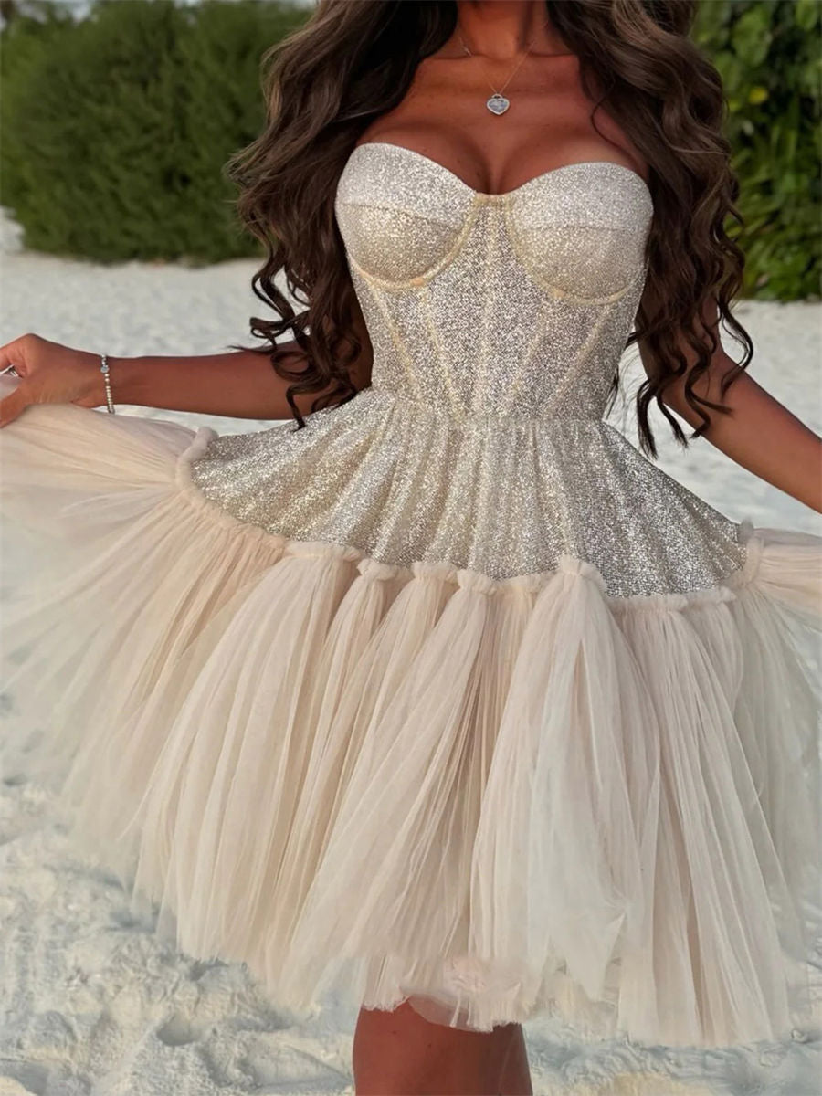 A-line/Princess Sweetheart Ruffles Short/Mini Tulle Corset Homecoming Dress