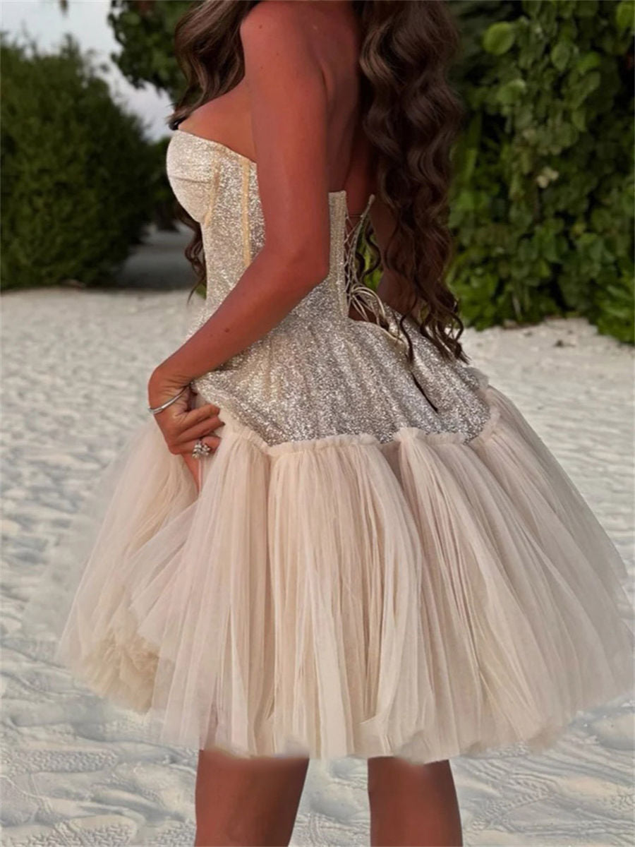 A-line/Princess Sweetheart Ruffles Short/Mini Tulle Corset Homecoming Dress