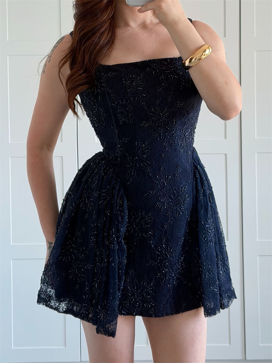 A-line/Princess Square Ruffles Short/Mini Lace Corset Homecoming Dress