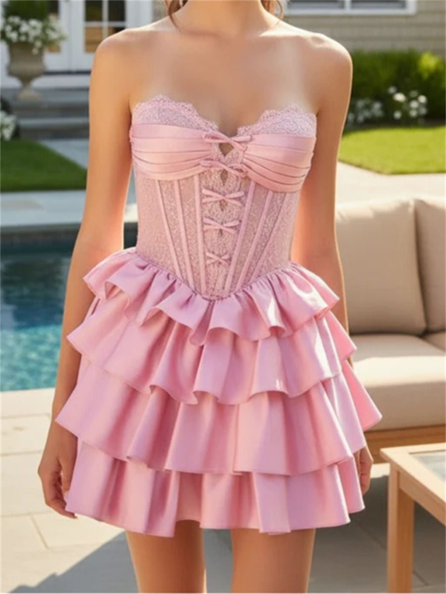 A-line/Princess Sweetheart Cascading Ruffles Short/Mini Silk Like Satin Corset Homecoming Dress