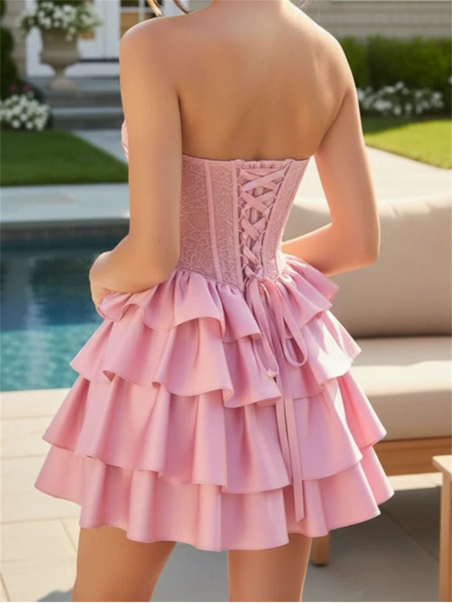 A-line/Princess Sweetheart Cascading Ruffles Short/Mini Silk Like Satin Corset Homecoming Dress