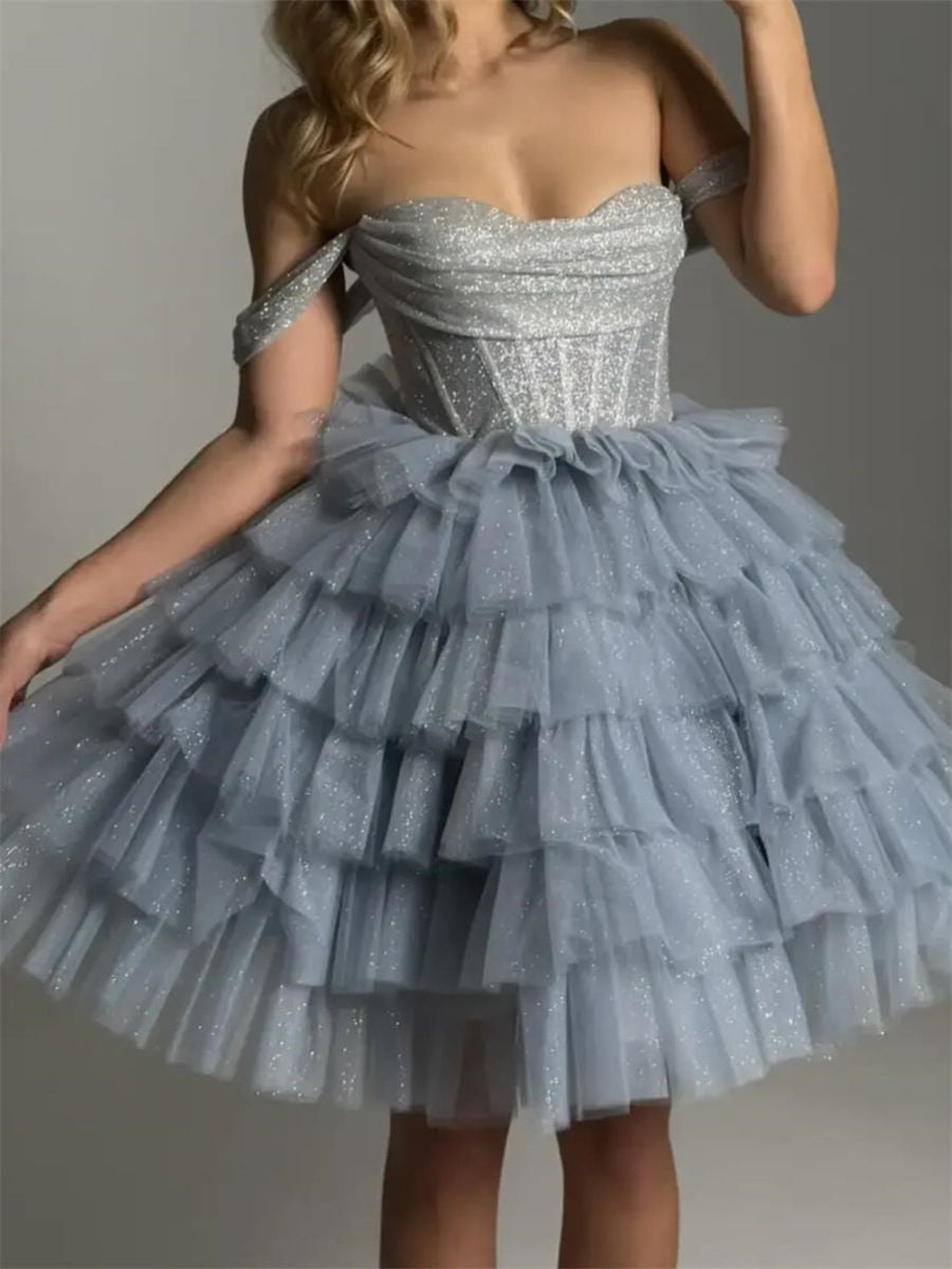 A-line/Princess Off-the-Shoulder Cascading Ruffles Knee-Length Tulle Corset Homecoming Dress