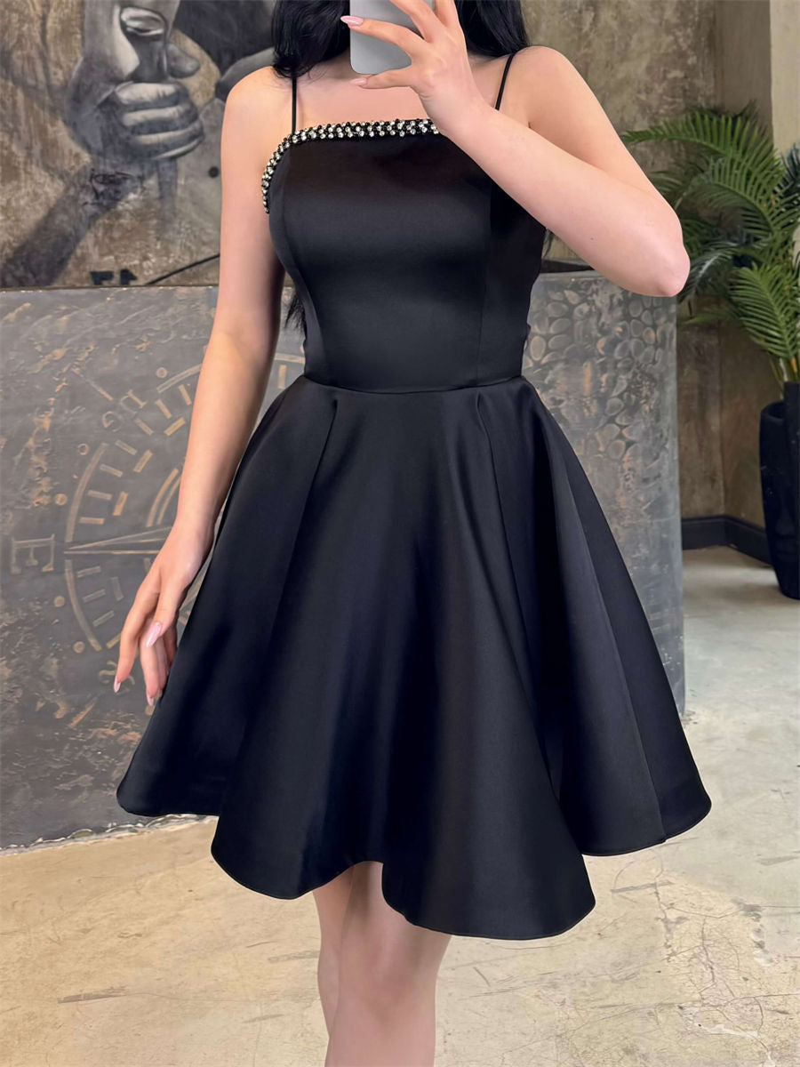 A-line/Princess Spaghetti Straps Ruffles Short/Mini Satin Corset Homecoming Dress