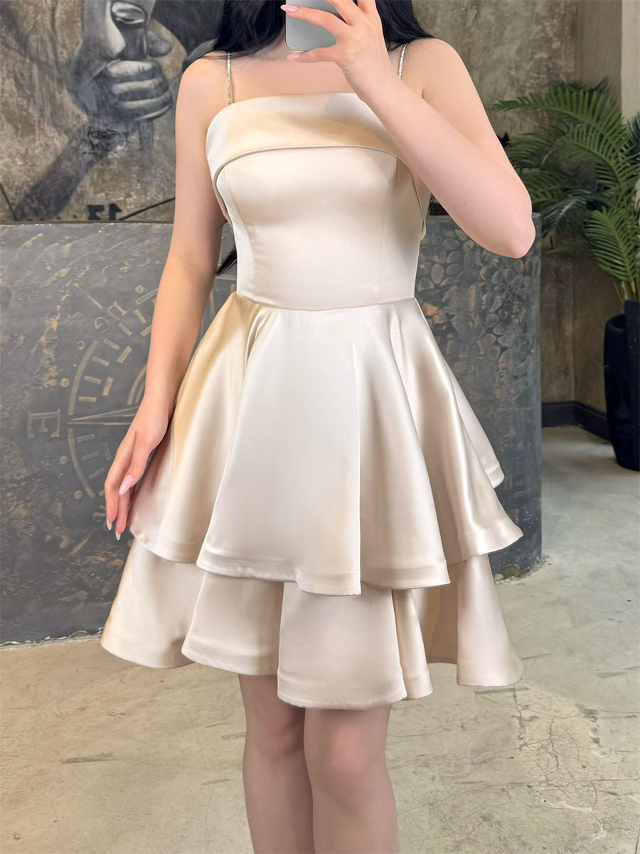 A-line/Princess Spaghetti Straps Cascading Ruffles Short/Mini Silk Like Satin Corset Homecoming Dress