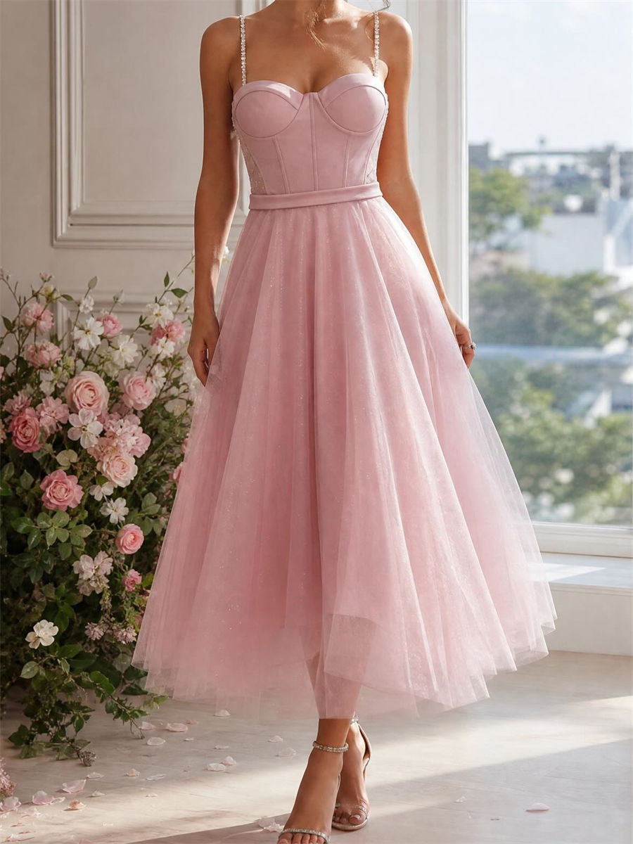 A-line/Princess Sweetheart Ruffles Tea-Length Tulle Corset Homecoming Dress