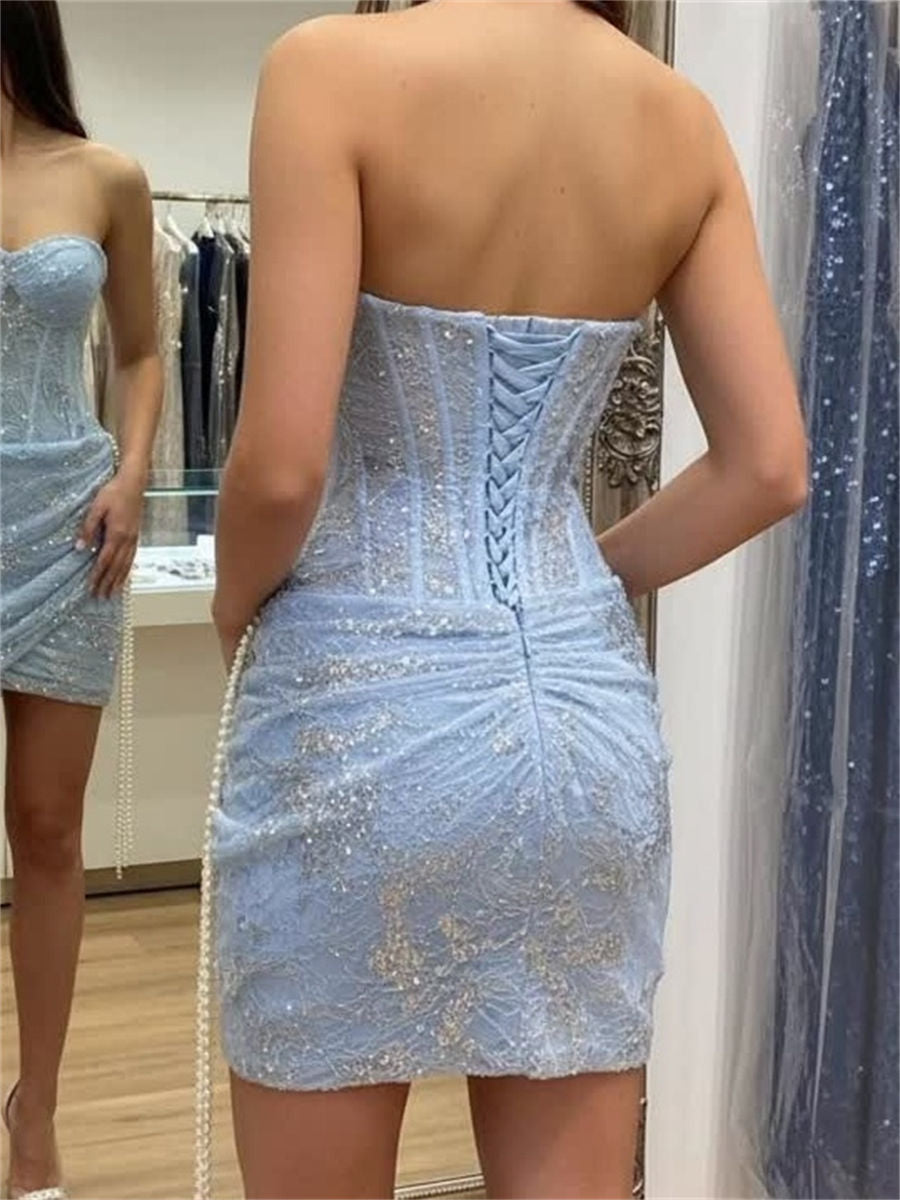 Sheath/Column Sweetheart Pleated Short/Mini Lace Corset Homecoming Dress