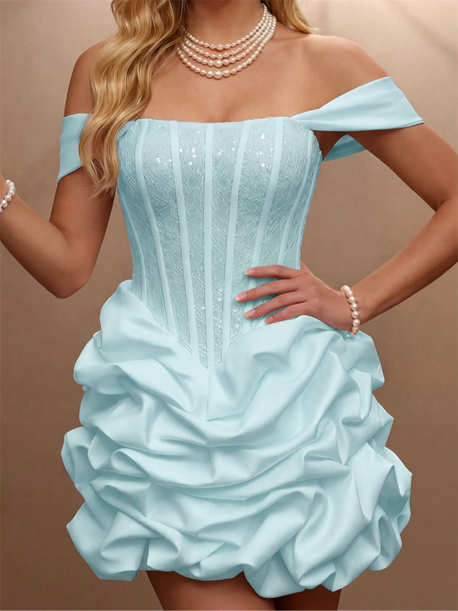 A-line/Princess Off-the-Shoulder Ruffles Short/Mini Taffeta Corset Homecoming Dress