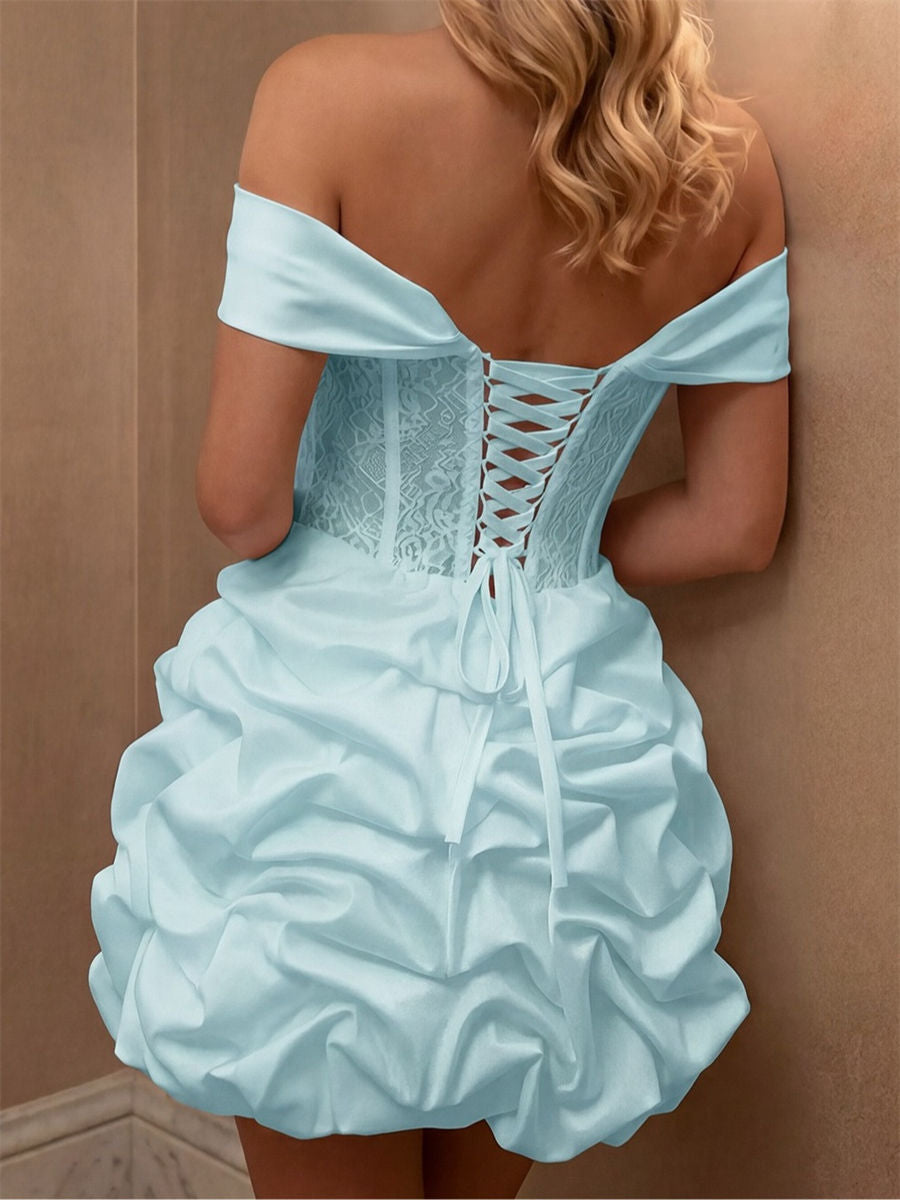A-line/Princess Off-the-Shoulder Ruffles Short/Mini Taffeta Corset Homecoming Dress