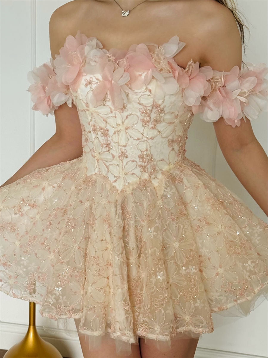 A-line/Princess Off-the-Shoulder Ruffles Short/Mini Lace Corset Homecoming Dress