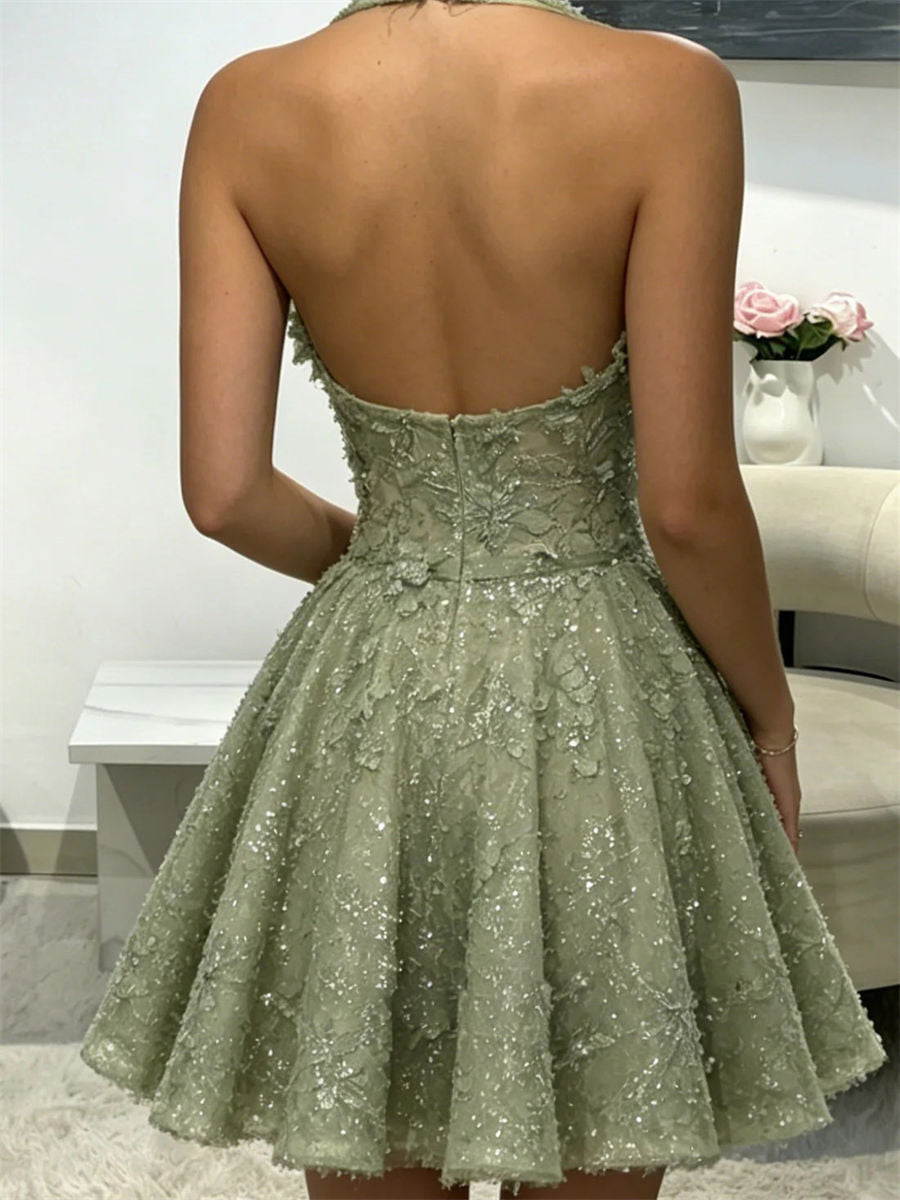 A-line/Princess Halter Ruffles Short/Mini Lace Corset Homecoming Dress