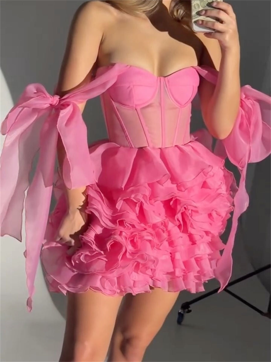 A-line/Princess Sweetheart Cascading Ruffles Short/Mini Organza Corset Homecoming Dress