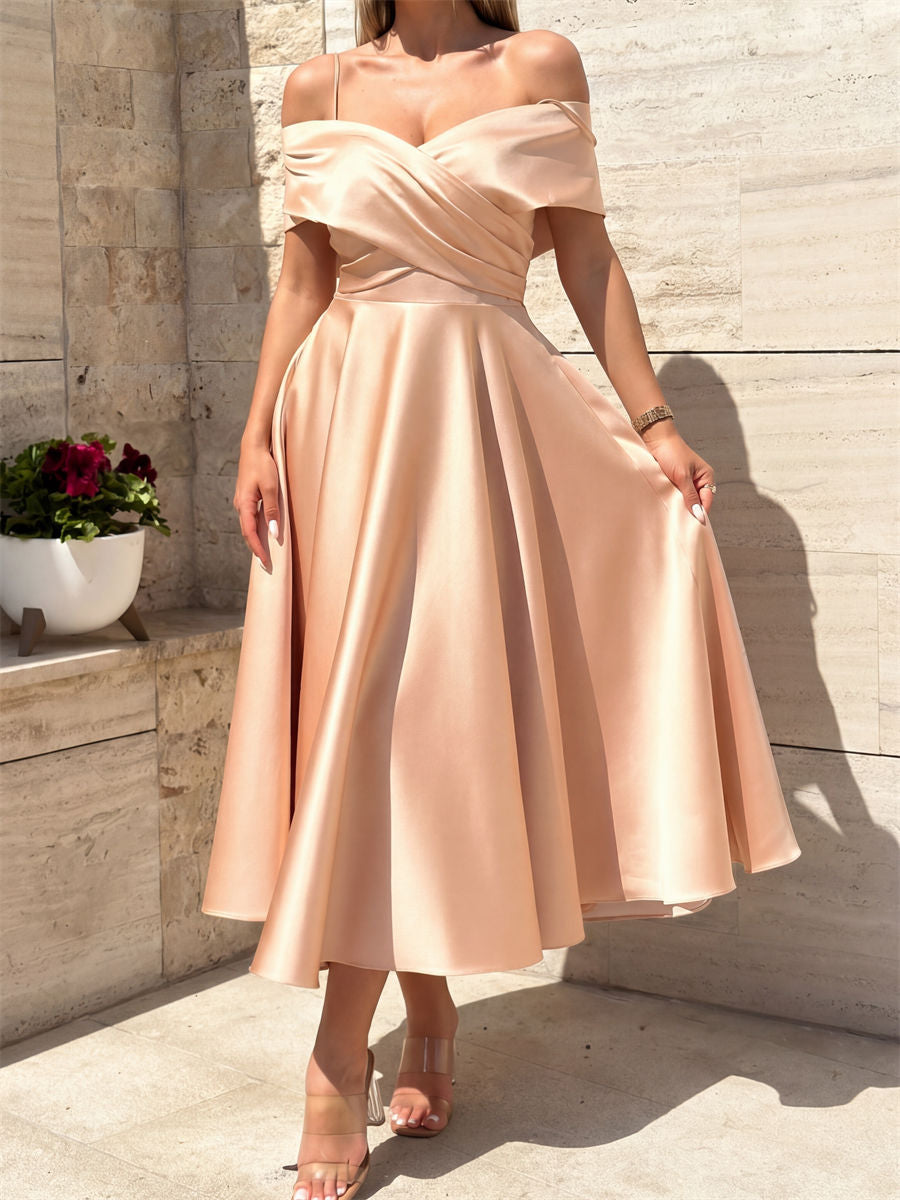A-line/Princess Spaghetti Straps Ruffles Tea-Length Silk Like Satin Corset Homecoming Dress