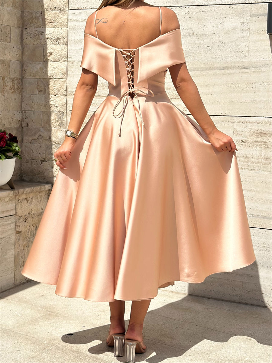 A-line/Princess Spaghetti Straps Ruffles Tea-Length Silk Like Satin Corset Homecoming Dress