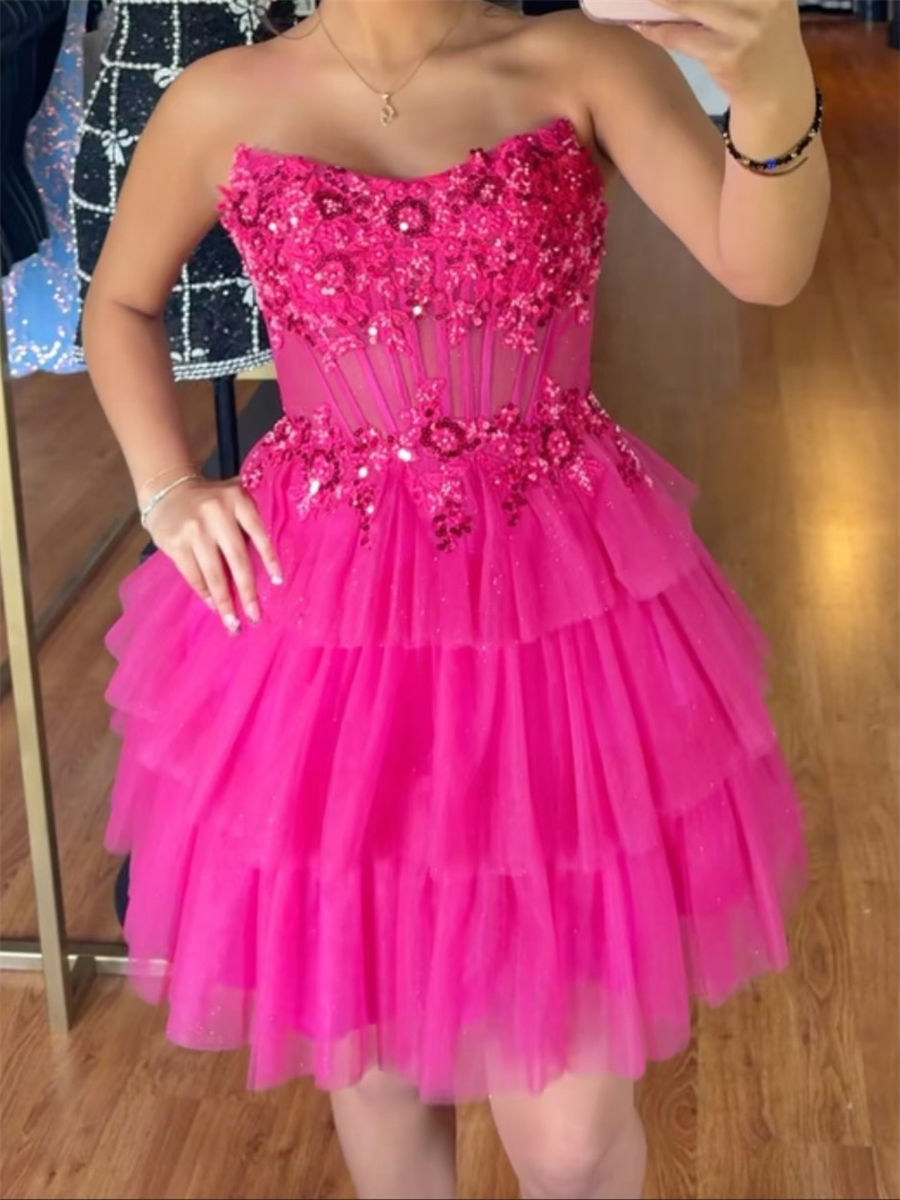 A-line/Princess Sweetheart Cascading Ruffles Short/Mini Tulle Corset Homecoming Dress