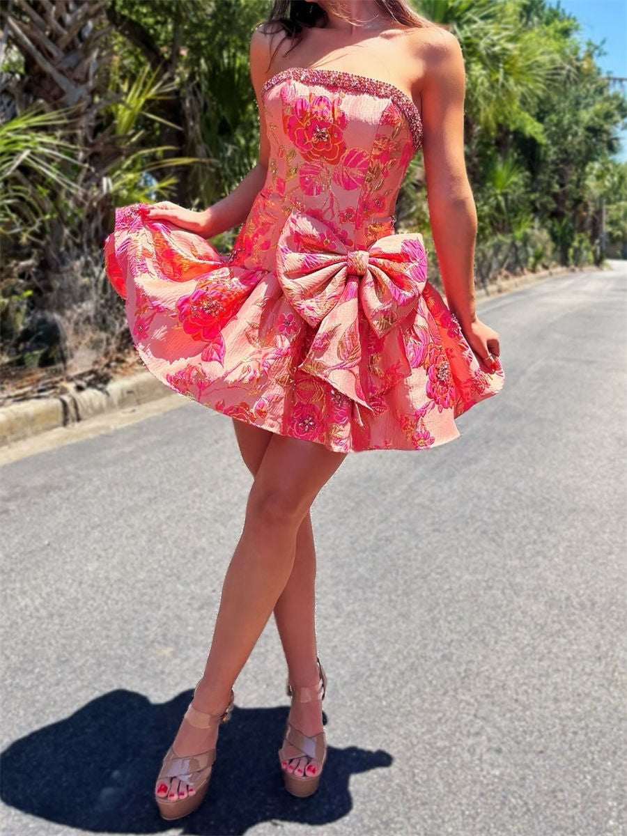 A-line/Princess Straight Bow Short/Mini Corset Homecoming Dress