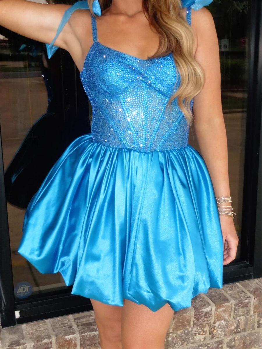 A-line/Princess Straps Ruffles Short/Mini Silk Like Satin Corset Homecoming Dress