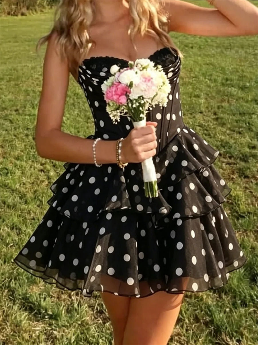 A-line/Princess Sweetheart Cascading Ruffles Short/Mini Lace Corset Homecoming Dress