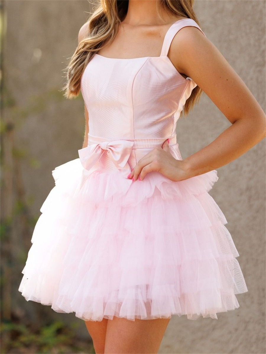 A-line/Princess Square Cascading Ruffles Short/Mini Tulle Corset Homecoming Dress