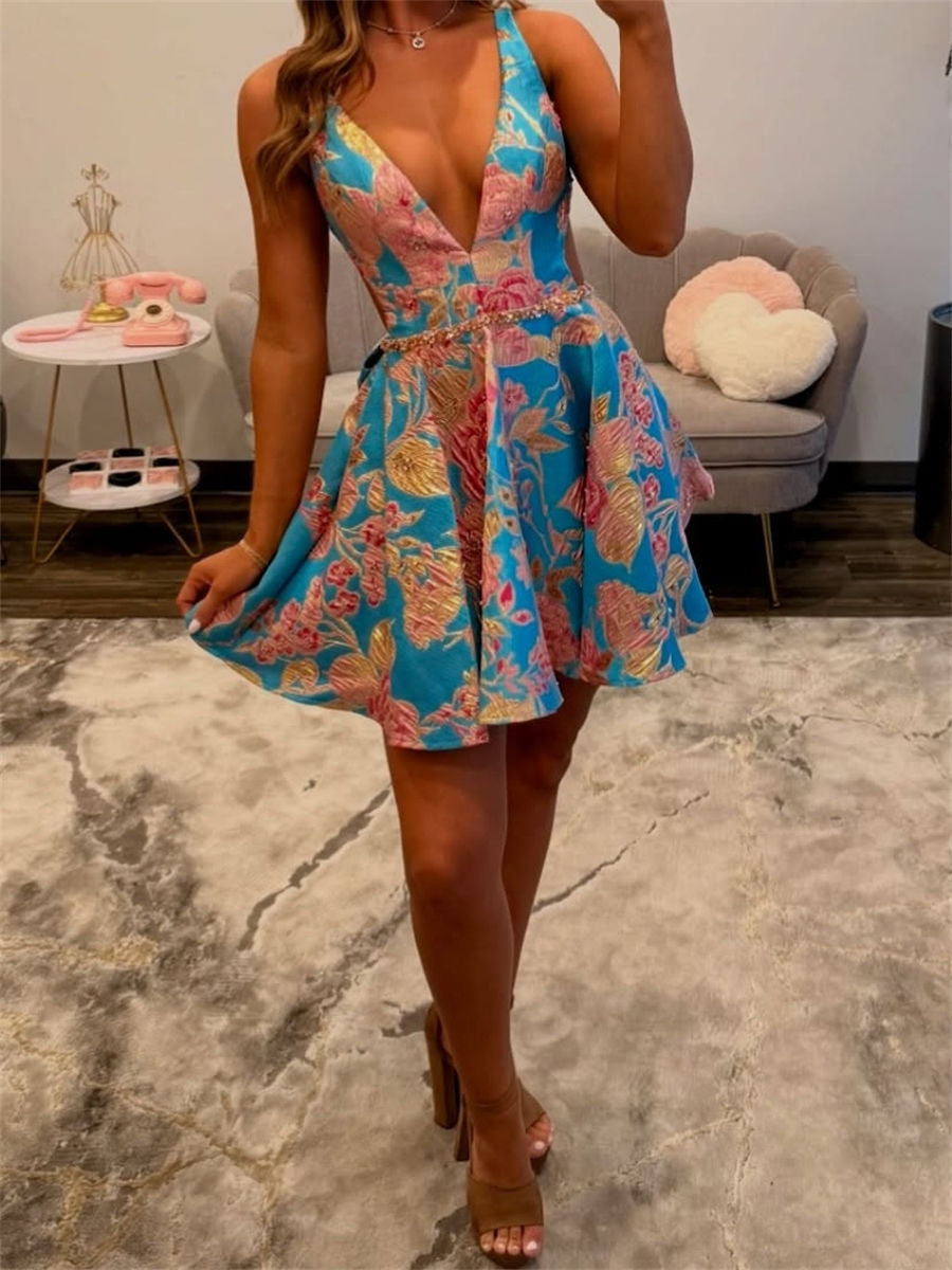 A-line/Princess V-neck Bow Short/Mini Corset Homecoming Dress