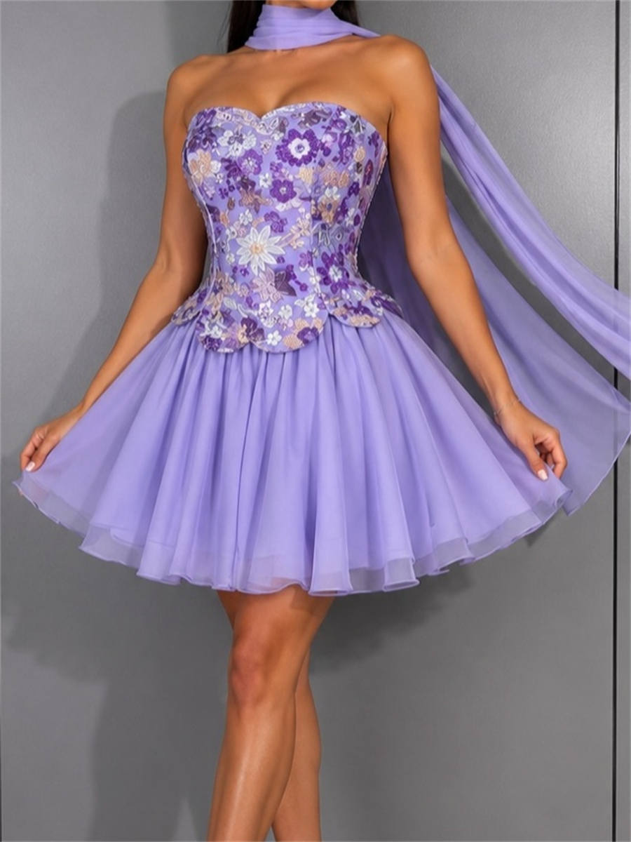 A-line/Princess Straight Appliques Lace Short/Mini 30D Chiffon Corset Homecoming Dress
