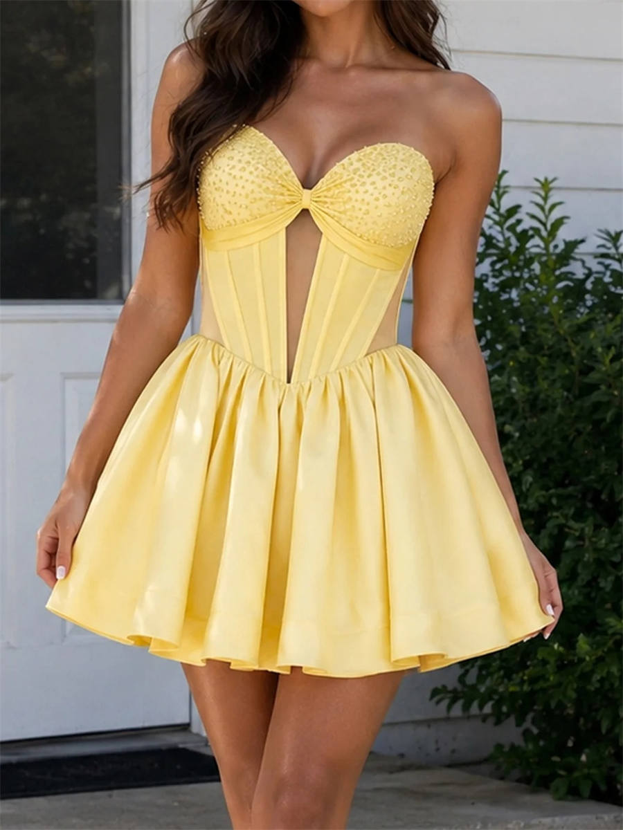 A-line/Princess Sweetheart Beading Short/Mini Silk Like Satin Corset Homecoming Dress