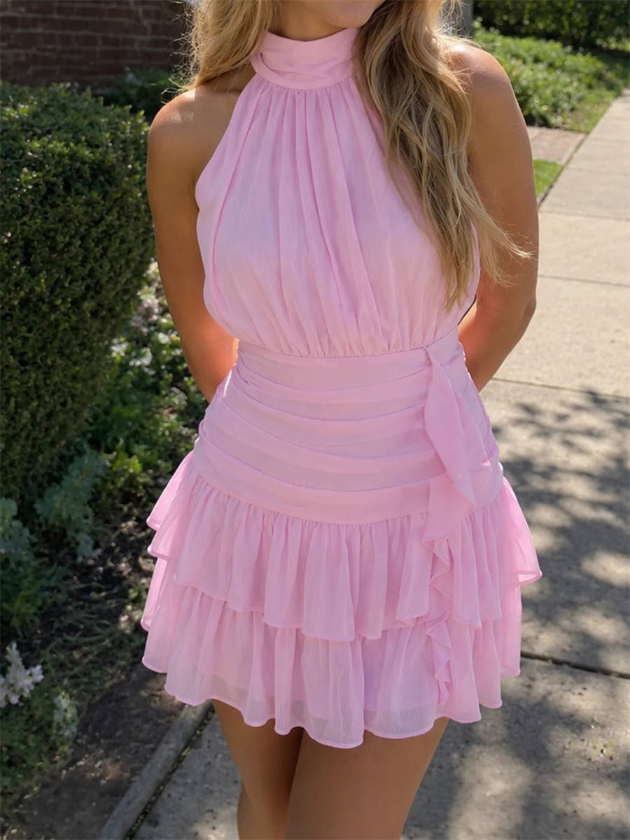 A-line/Princess Halter Cascading Ruffles Short/Mini Chiffon Homecoming Dress