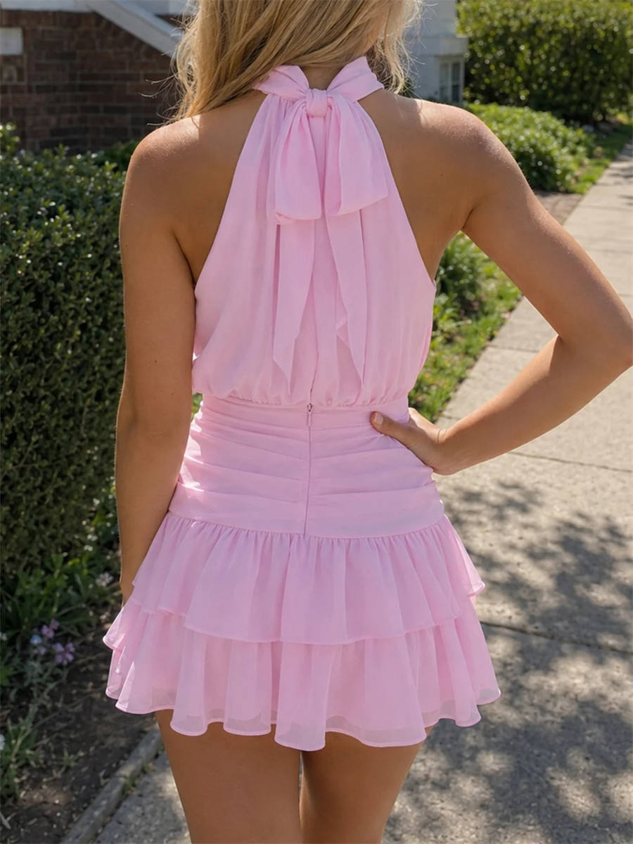 A-line/Princess Halter Cascading Ruffles Short/Mini Chiffon Homecoming Dress