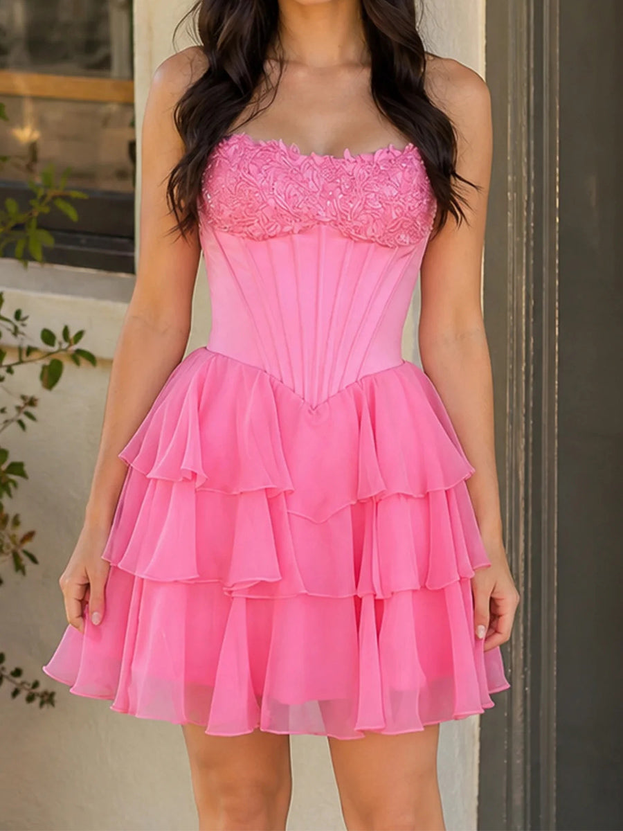 A-line/Princess Straight Appliques Lace Short/Mini 30D Chiffon Corset Homecoming Dress