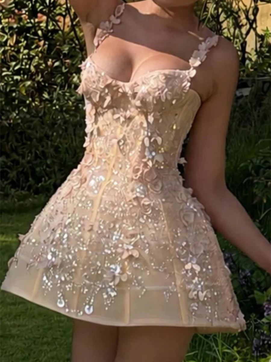 A-line/Princess Straps Sequin Short/Mini Tulle Corset Homecoming Dress