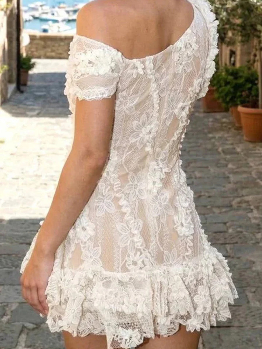 Sheath/Column One-Shoulder Appliques Lace Short/Mini Lace Corset Homecoming Dress