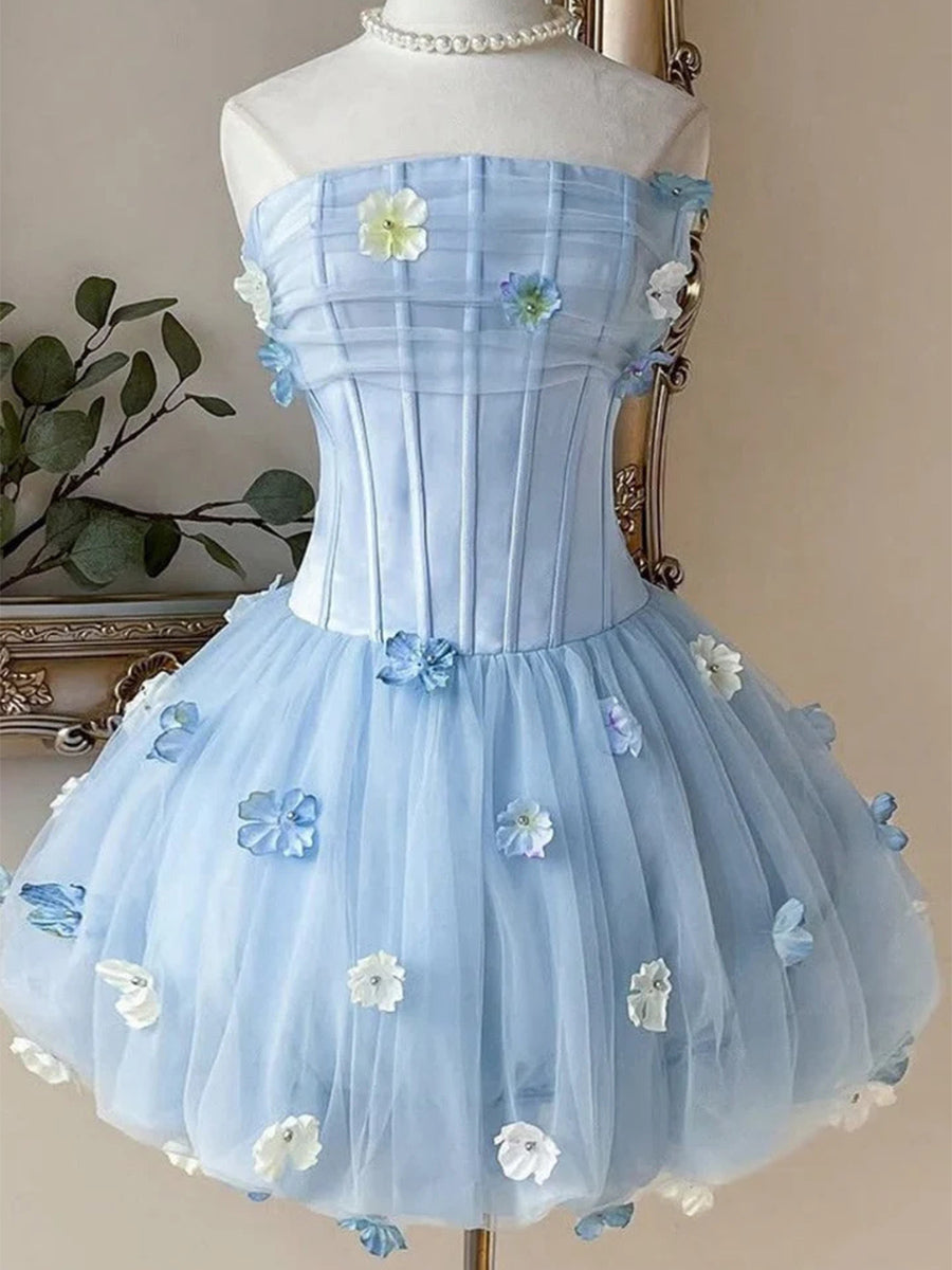 A-line/Princess Straight Flower Short/Mini Tulle Corset Homecoming Dress