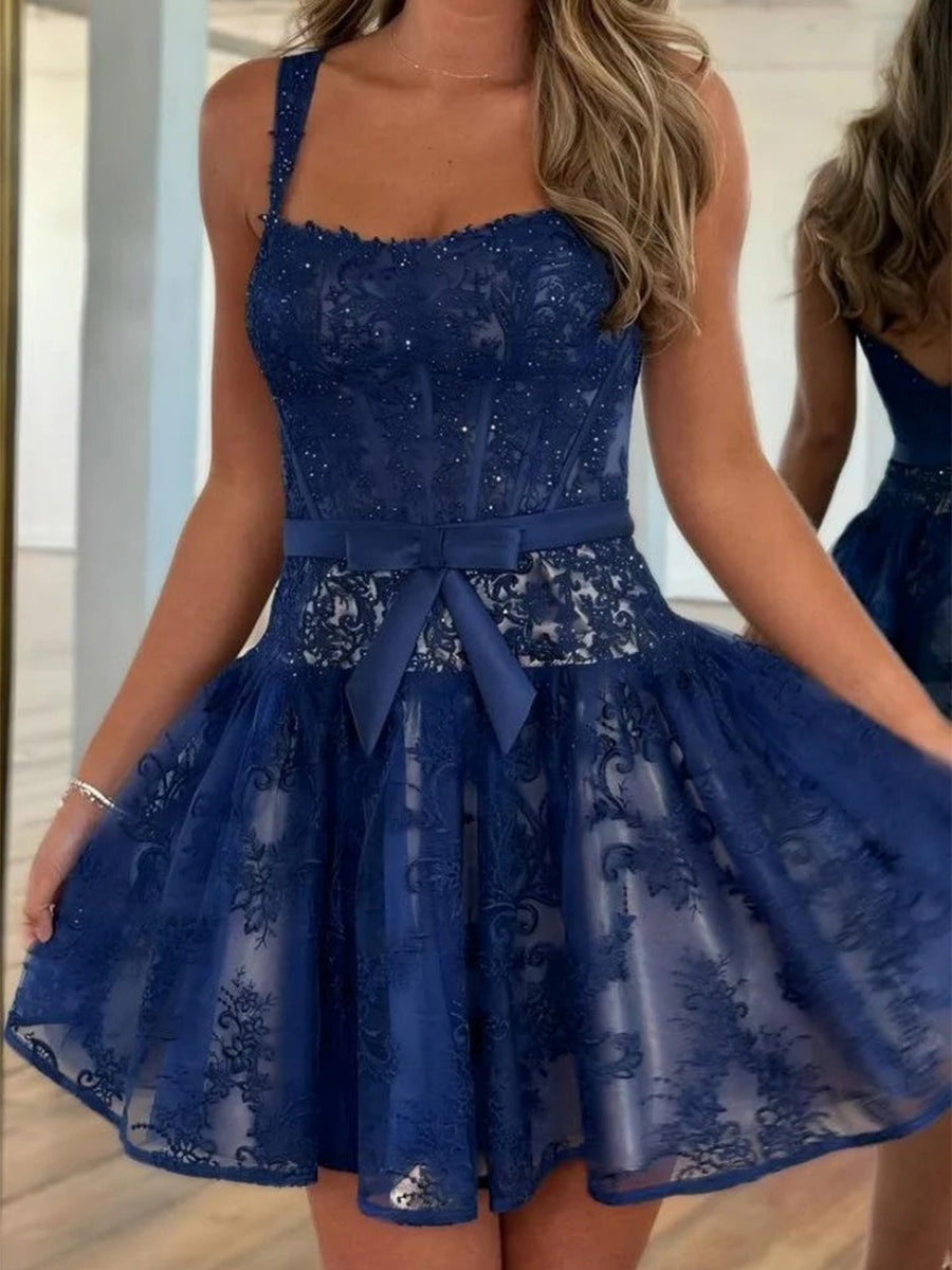 A-line/Princess Straps Appliques Lace Short/Mini Lace Corset Homecoming Dress