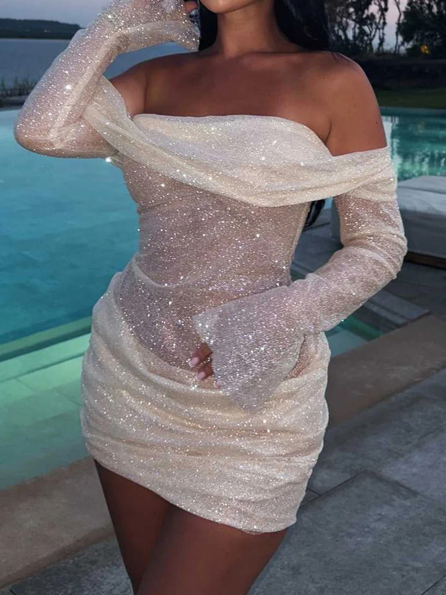 Sheath/Column Off-the-Shoulder Long Sleeves Pleated Short/Mini Homecoming Dress