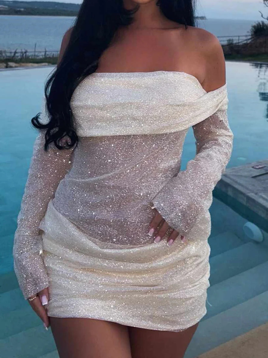 Sheath/Column Off-the-Shoulder Long Sleeves Pleated Short/Mini Homecoming Dress