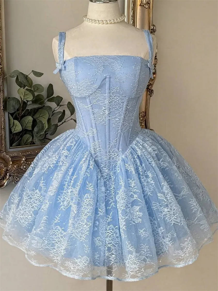 A-line/Princess Straps Appliques Lace Short/Mini Satin Corset Homecoming Dress