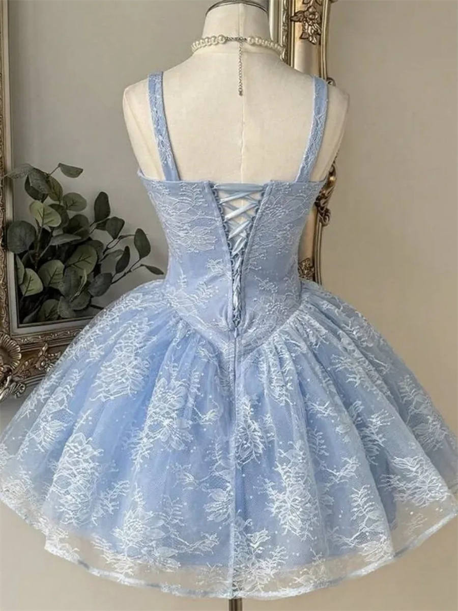 A-line/Princess Straps Appliques Lace Short/Mini Satin Corset Homecoming Dress