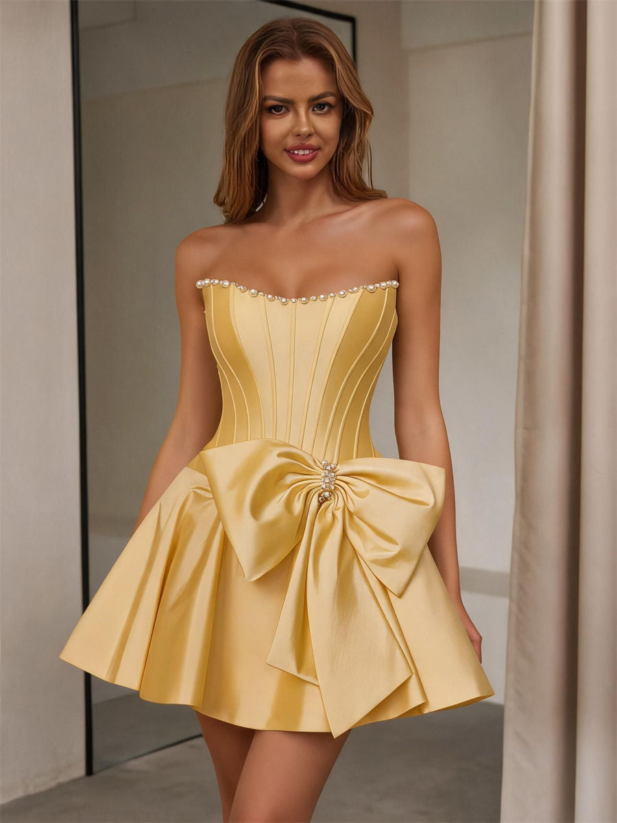 A-line/Princess Straight Bow Short/Mini Satin Corset Homecoming Dress