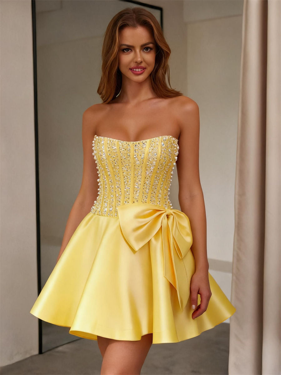 A-line/Princess Straight Bow Short/Mini Satin Corset Homecoming Dress