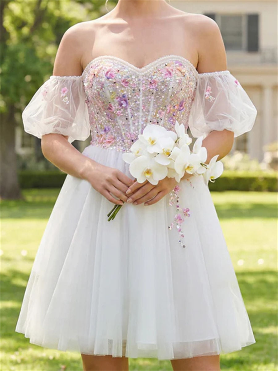 A-line/Princess Off-the-Shoulder Ruffles Short/Mini Tulle Corset Homecoming Dress